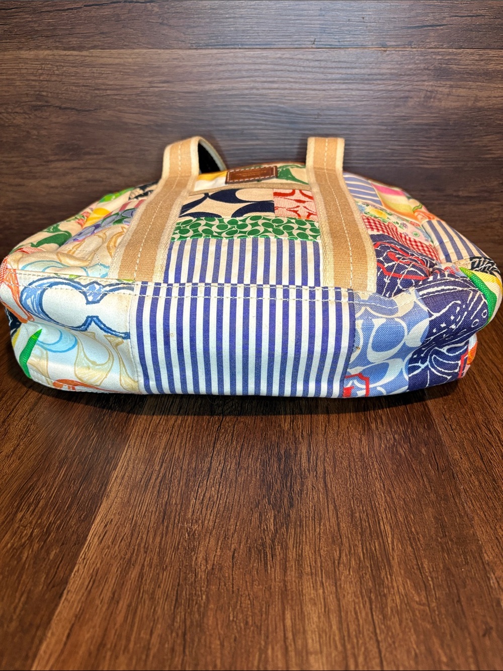 Coach Multicolor Patchwork Tote with Brown Trim and Yellow Tag - Picture 3 of 8